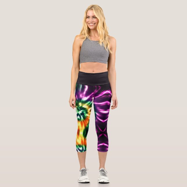 Hippie boho fun green yellow orange purple tie-dye capri leggings (Front)