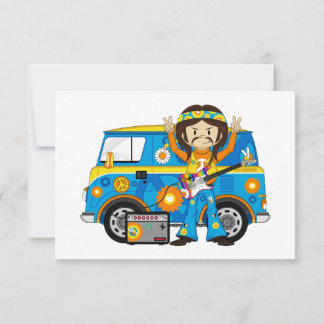 Hippie Boy with Guitar and Camper Van