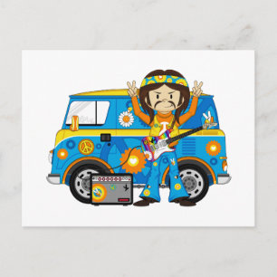 Hippie Boy with Guitar and Camper Van Postcard