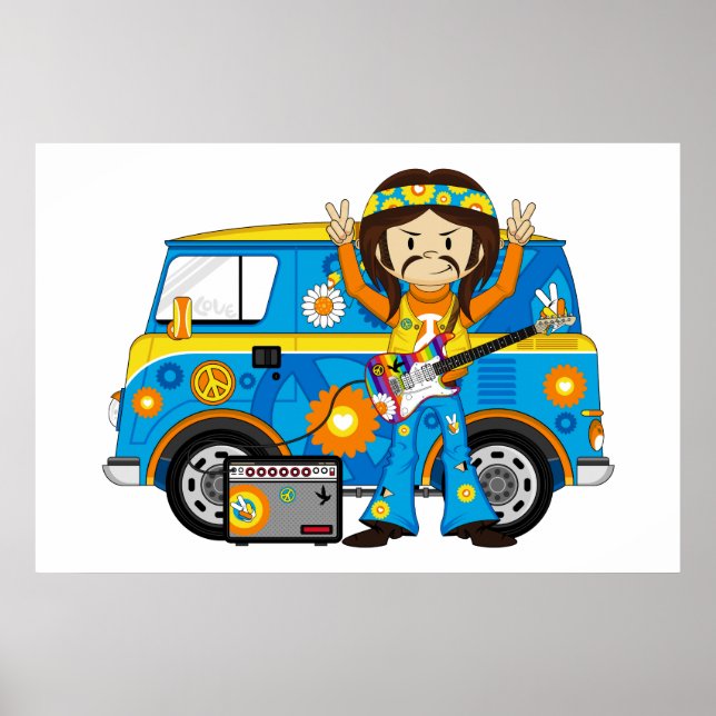 Hippie Boy with Guitar and Camper Van Poster (Front)
