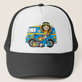 Hippie Boy with Guitar and Camper Van Trucker Hat