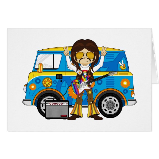 Hippie Boy with Guitar & Camper Van (Front Horizontal)