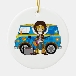 Hippie Boy with Guitar & Camper Van Ceramic Ornament