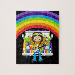 Hippie Boy with Guitar & Camper Van Jigsaw Puzzle