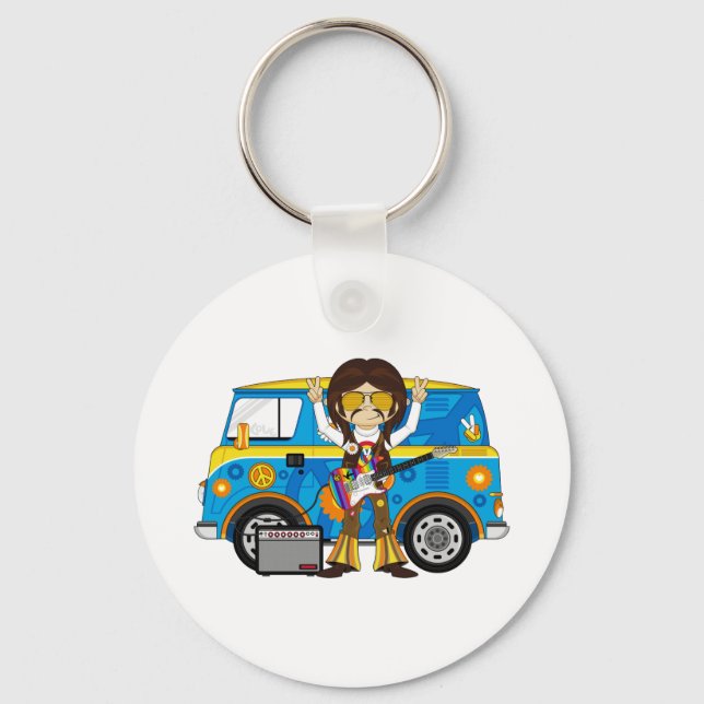 Hippie Boy with Guitar & Camper Van Keychain (Front)