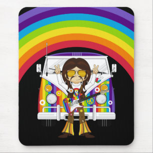 Hippie Boy with Guitar & Camper Van Mouse Pad