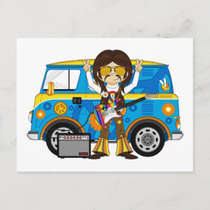 Hippie Boy with Guitar & Camper Van Postcard