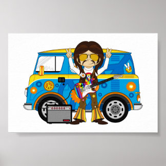 Hippie Boy with Guitar & Camper Van Poster