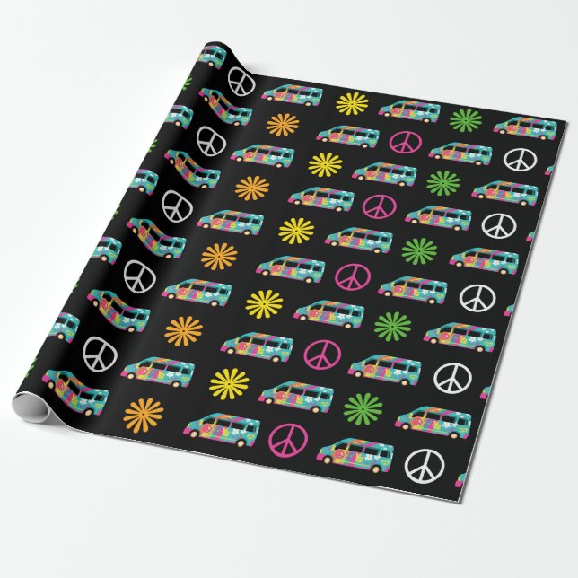 Hippie Bus Peace Sign 70s Wrapping Paper (Unrolled)