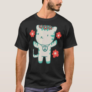 Hippie Cat with Flowers and Peace Symbol T-Shirt