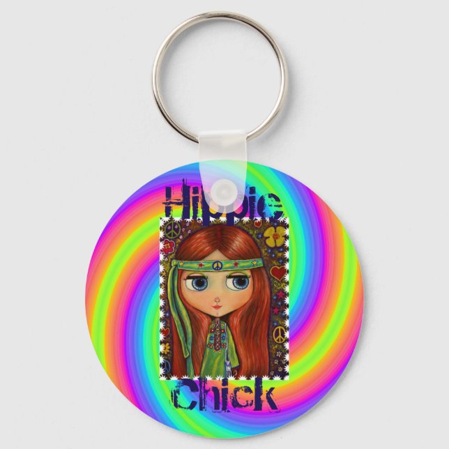 Hippie Chick 1960s Tie Dye Big Eye Doll Headband Keychain (Front)