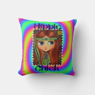 Hippie Chick 1960s Tie Dye Big Eye Doll Headband Throw Pillow
