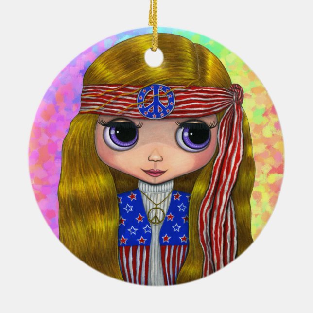Hippie Chick in Stars and Stripes Peace Sign Cute Ceramic Ornament (Back)