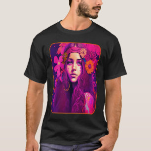 Hippie Child In Pink With Flowers In Her Hair Retr T-Shirt