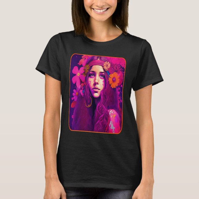 Hippie Child In Pink With Flowers In Her Hair Retr T-Shirt (Front)