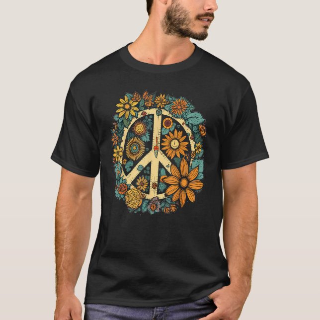 Hippie Daisy Peace Sign Retro Flower Sunflower T-Shirt (Front)
