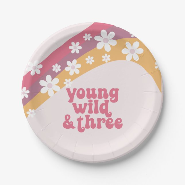 hippie Daisy Young Wild and Three Birthday Paper Plate (Front)