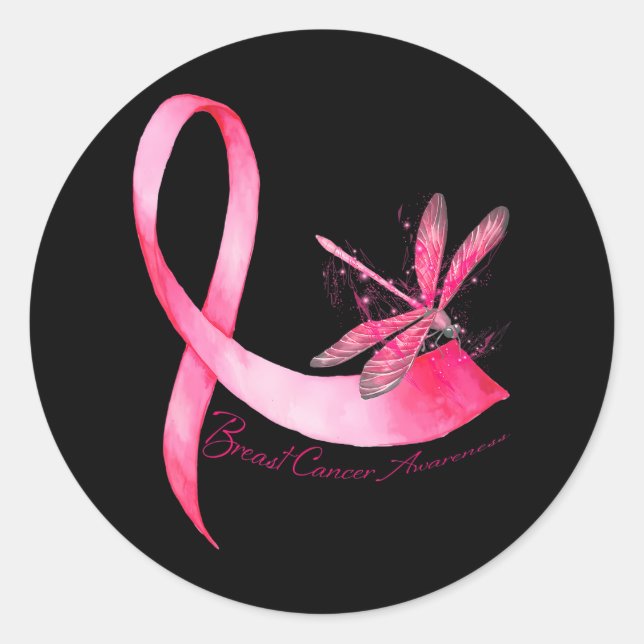Hippie Dragonfly Pink Ribbon Breast Cancer Classic Round Sticker (Front)