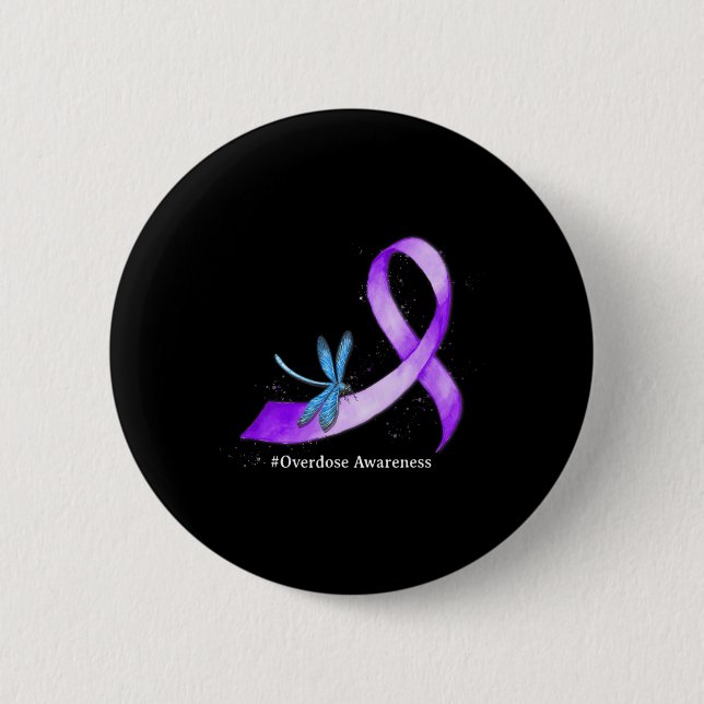 Hippie Dragonfly Purple Ribbon Overdose Awareness  2 Inch Round Button (Front)
