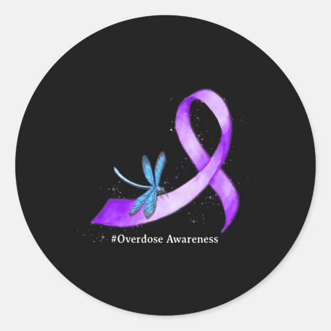 Hippie Dragonfly Purple Ribbon Overdose Awareness  Classic Round Sticker (Front)
