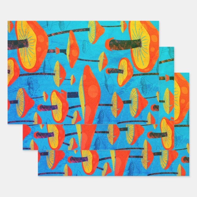 Hippie Dreamy Retro Vibe Enchanting Mushrooms Wrapping Paper Sheet (Set)