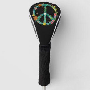 Hippie Floral Peace Sign On A Black Background Golf Head Cover