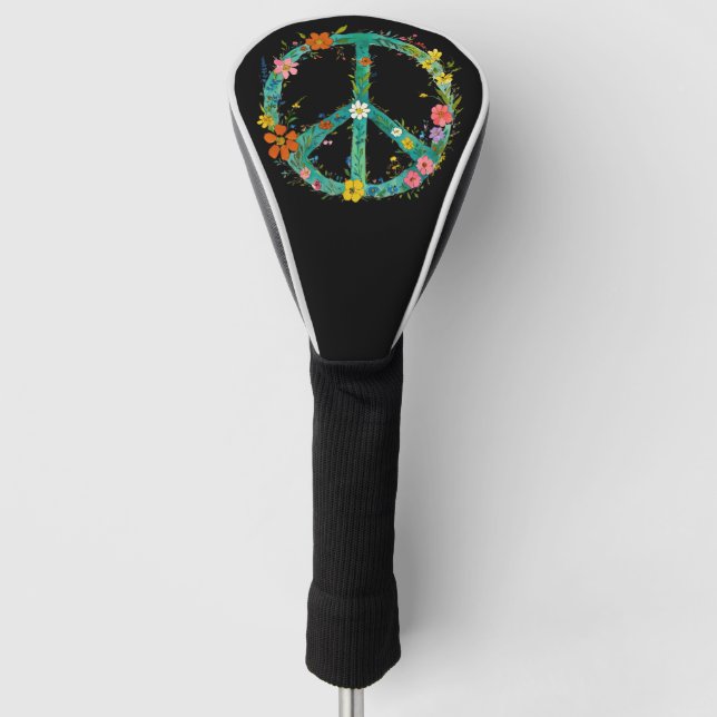 Hippie Floral Peace Sign On A Black Background Golf Head Cover (Front)