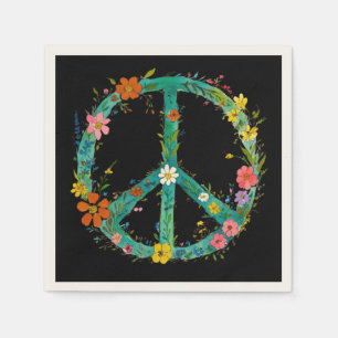 Hippie Floral Peace Sign On A Black Background Napkin