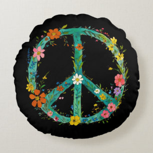 Hippie Floral Peace Sign On A Black Background Round Pillow