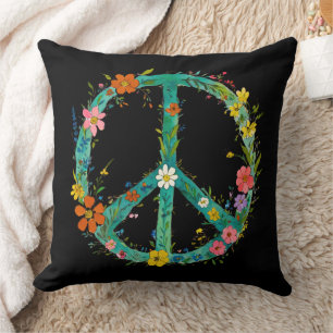 Hippie Floral Peace Sign On A Black Background Throw Pillow