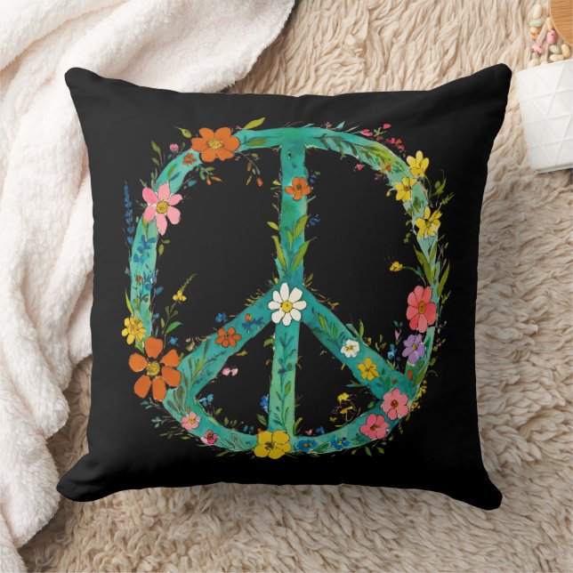 Hippie Floral Peace Sign On A Black Background Throw Pillow (Blanket)