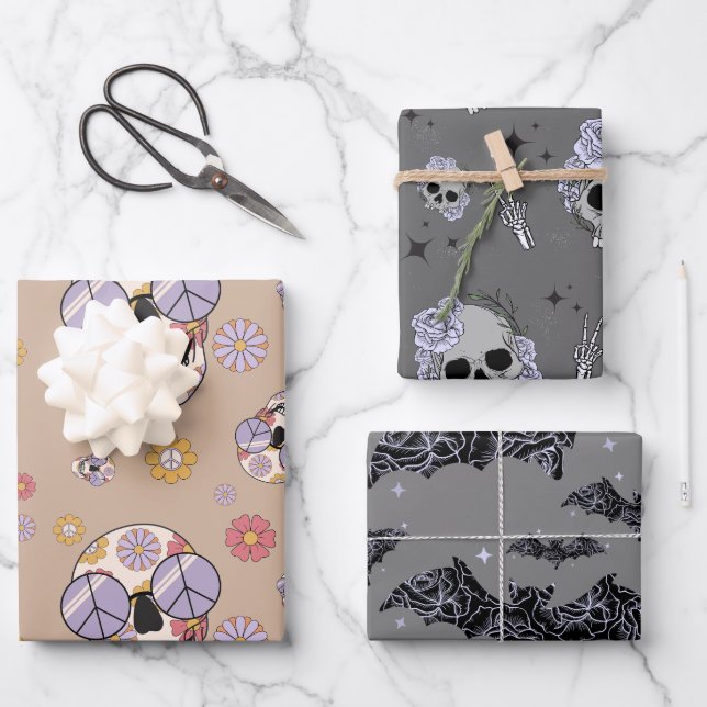 Hippie Floral Skull Wrapping Paper Sheet (Front)