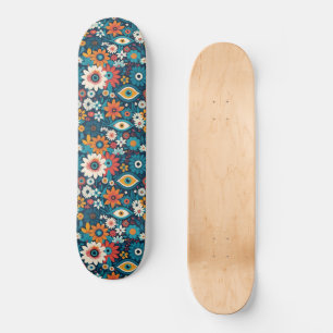 Hippie Floral With Mystical Eyes Blues & Orange Skateboard