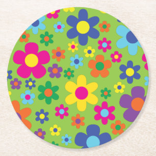 Hippie Flower Kid's Birthday Party Round Paper Coaster