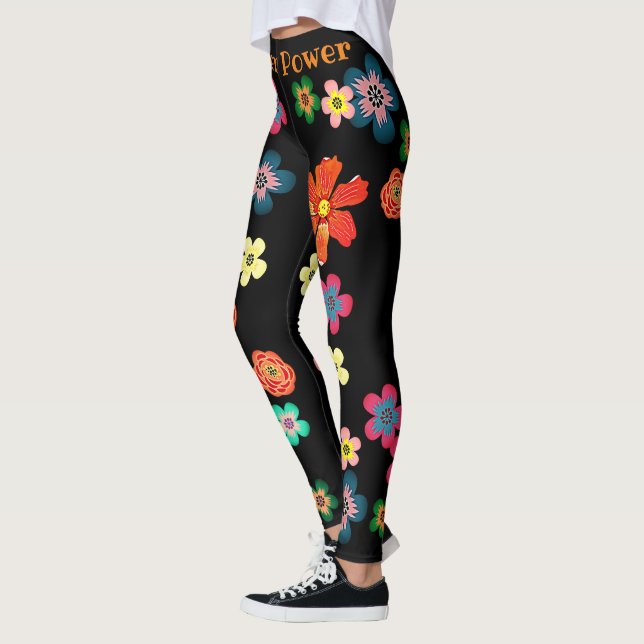 Hippie Flower Power Boho Colourful Black Yoga Leggings (Left)