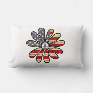 Hippie Flower Power Peace Sign American Flag Lumbar Pillow