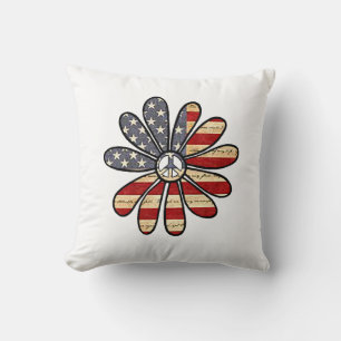 Hippie Flower Power Peace Sign American Flag Throw Pillow
