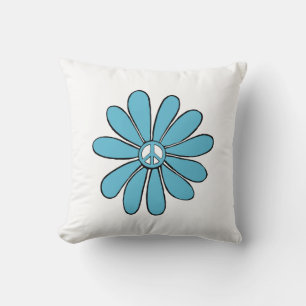 Hippie Flower Power Peace Sign in Aqua Throw Pillow
