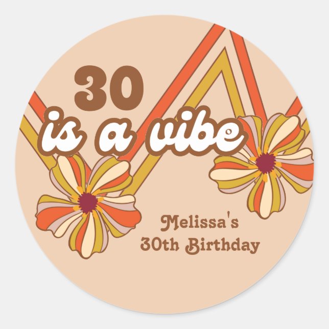 Hippie Flower Retro 70s Zigzag 30th Birthday  Classic Round Sticker (Front)