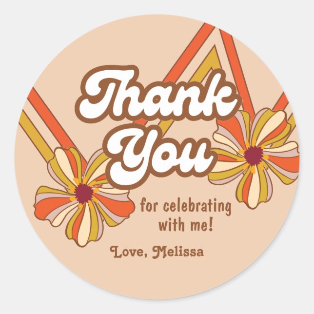 Hippie Flower Retro 70s Zigzag Birthday Thank You Classic Round Sticker (Front)