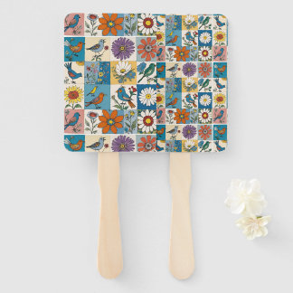 Hippie Folk Art Floral Patchwork With Birds Hand Fan