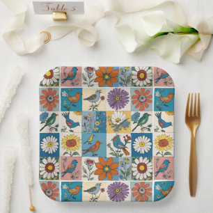Hippie Folk Art Floral Patchwork With Birds Paper Plate