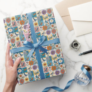 Hippie Folk Art Floral Patchwork With Birds Wrapping Paper