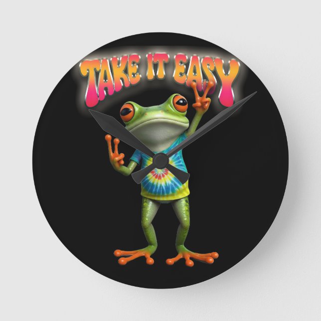 Hippie Frog Take it Easy Fun Colourful  Round Clock (Front)
