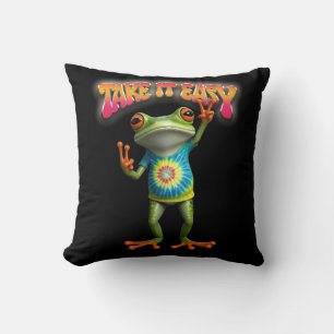 Hippie Frog Take it Easy Fun Colourful  Throw Pillow