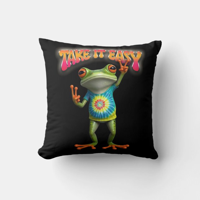 Hippie Frog Take it Easy Fun Colourful  Throw Pillow (Front)