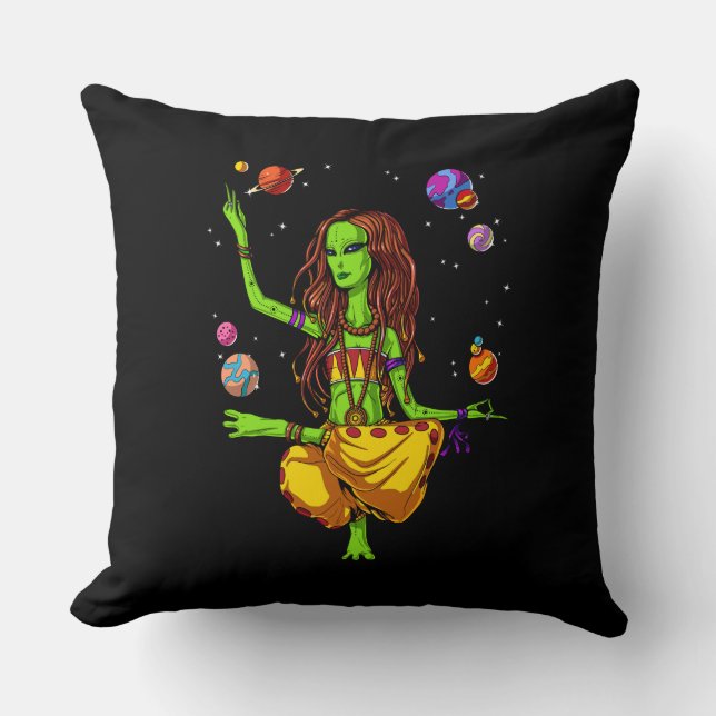 Hippie Girl Space Alien Zen Yoga Meditation Throw Pillow (Front)