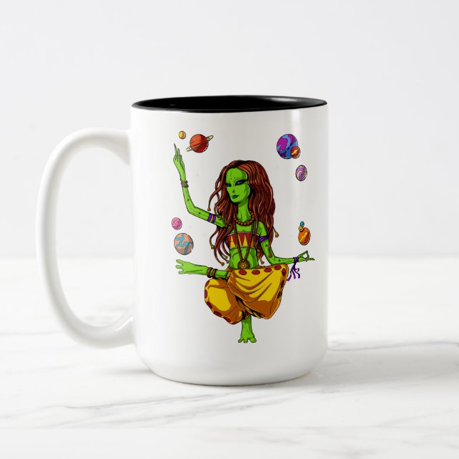 Hippie Girl Space Alien Zen Yoga Meditation Two-Tone Coffee Mug (Left)