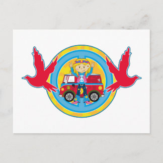 Hippie Girl with Camper Van & Doves Postcard