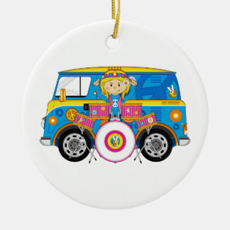 Hippie Girl with Drums and Camper Van Ceramic Ornament